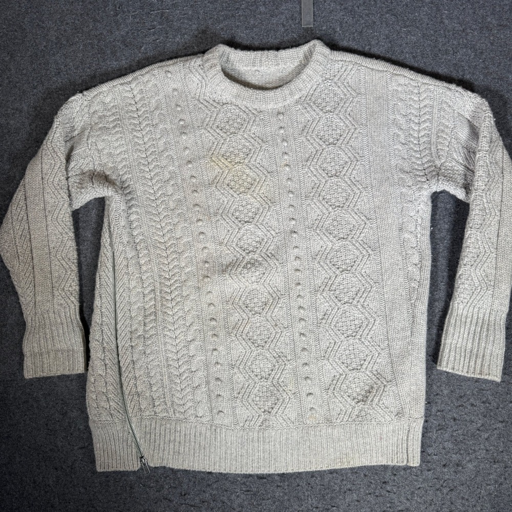 J Crew Wool Fisherman Sweater Womens 14 Cable Knit Aran Crewneck Side Zip